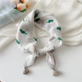 Chic beige cotton linen neck scarf featuring green cat print and brown tassel detail - White Green Cat (Fringe)