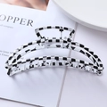 Detail of checkered hair claw clip in black and white with a multi-tooth grip design - 4# Black and White Plaid Metal Claw Clip