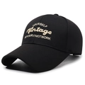 Vintage style black cotton baseball cap with ivory embroidery on white background - Black with Gold Embroidery