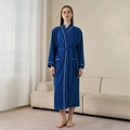 Royal blue waffle knit bathrobe for women with white piping trim and adjustable waist belt - M / Glazed Blue [Women]