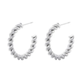 Detailed view of silver C-shaped twisted hoop earrings with a glossy metallic finish - C-Shape Braided Style (VE1032) / White Gold