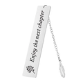 Macro detail of silver stainless steel bookmark with feather charm and rose engraving - A40-Enjoy Next Chapter Rose (Enjoy The Next Chapter)