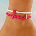 Bohemian double-layer anklet set with pink starfish and gold pineapple bead charms - Rose Pink Seed Beads Starfish Pineapple Anklet Set (17玫红A-670)