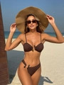 Deep brown ribbed bikini with decorative beads on beach background with sun hat and glasses - S / Coffee