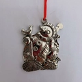 Silver metal snowman Christmas ornament with red ribbon and embossed holiday details - Snowman