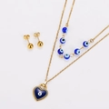Gold-tone layered evil eye necklace set with blue heart pendant and round stud earrings - Heart Evil Eye Set / Gold Blue