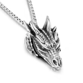 Gothic punk dragon head pendant necklace in silver stainless steel with box chain - Dragon Head + Stainless Steel Chain