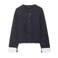 Dunkelgraue Damen-Strickjacke mit schicken weißen Lagen-Manschetten und Knopfleiste - S / Dunkelgrau/Weiß Patchwork
