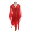 Elegant red chiffon shawl for women featuring a pearl button closure and irregular hemline - Red