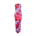 Detail view of strapless maxi dress featuring vibrant red floral prints on light purple fabric - Red