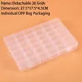 Detail showing a 36-grid transparent plastic organizer box with removable dividers - Adjustable 36-Compartment (27.5x17.5x4.5cm)