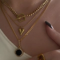 Layered gold heart necklace with OT toggle clasp and black square gemstone pendant details - Set of 3 (Optional Zirconia Color)