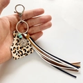 Western leopard cow tag keychain with turquoise, sunflower charm and leather tassels - Leopard Print A