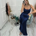 Elegantes marineblaues Satin-Slipkleid mit Rüschenschlitz und seidigem Glanz-Finish - XS / Marineblau