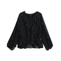 Klassieke zwarte chiffon blouse met gelaagde ruches, lange mouwen en een V-hals - XS / Zwart