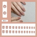 Short square press-on nails set R911 featuring nude pink French tip and plaid design - R911 Plaid French