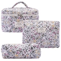 Three-piece floral quilted cotton makeup bag set with pink and yellow flower patterns - Pink Peony