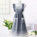 Grey cotton kitchen apron with elegant white lace trim and ruffle straps for home use - Gray (Lace Solid)