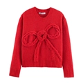 Modischer roter Strickpullover mit großer 3D-Schleife und gerippten Ärmelbündchen - S / Rot