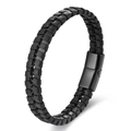 Primer plano de pulsera trenzada de cuero negro para hombre con cierre magnético - 21cm / Estilo 2 (Doble Hilo de Precisión) / Negro