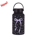 Matte black 650ml vacuum flask with purple bow and floral print, featuring a handle lid - Black Bowknot Floral