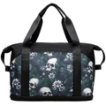 Vista frontale professionale di una grande borsa da viaggio con stampa di teschi e fiori - Verde