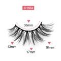 Thick synthetic false eyelashes model D1604 in black showing precise length measurements - Model D1604