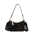 Elegant black faux leather tote bag with round coin purse and printed wide strap - Black