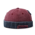 Distressed color block docker hat in burgundy and navy blue with patch detail - Adjustable / Red Hat with Blue Edge