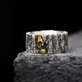 Gothic rocker ring featuring vintage silver bark texture and golden skull center piece - Gold Skull Rock Texture