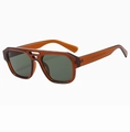 Detail view of tea-colored transparent frames and dark green lenses of the flat top sunglasses - Brown