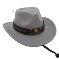 Detail of light gray felt cowboy hat with leather rivet band and horseshoe emblem - One Size / Light Gray