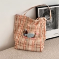 Sac fourre-tout à carreaux rétro avec broderie chien en tissu orange et beige à anses - Grille Orange Jaune