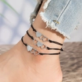 Three-piece bohemian anklet set with silver heart charms and black braided cord - Black Rope Silver Triple Heart Style - 3 Pcs Set