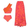 Three-piece one-shoulder ruffle swimwear set with vibrant tropical floral print - S / 3-Piece Bikini Set