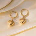 Elegant gold heart pendant hoop earrings displayed on luxurious champagne silk fabric - Heart Hoop Earring (G3060)