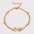 Detail van dubbellaagse gouden enkelband met oneindigheidssymbool en groene oogkraal - Groene Armband