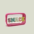 Detail of pink transparent PVC travel pouch with colorful SNACK chenille letter patches - Chenille Letter Patch (SNACK) / Rose Red
