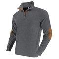 Detail of grey ribbed knit sweatshirt with brown faux suede patches and buttoned collar - S / Dark Gray
