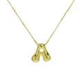 Macro view of chubby 18K gold letter A bubble pendant on a stainless steel chain - Gold A