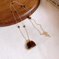 Vintage gold necklace featuring tiger eye beads and a handbag-shaped stone pendant - 63# Necklace-Gold-Brown (Handbag Tiger Eye)