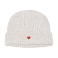 Detailed view of cream rib-knit beanie featuring pink flecks and red heart embroidery - M (56-58cm) / Beige