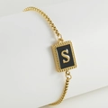 Gold stainless steel box chain bracelet featuring a black pendant with embossed letter S - S-Black