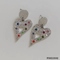 Silver-tone heart-shaped earrings with colorful crystals and hammered metal texture - Silver Heart (PDE2592)