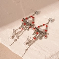 Detail of vintage silver leaf and butterfly tassel earrings with red and pearl beads - Red Bead Butterfly Tassel Style (Silver Needle)