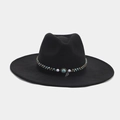 Detail of beaded band with turquoise stone and metal leaf on black felt fedora hat - M (56-58cm) / Multicolor Beads with Metal Leaf Pendant Style (Color 15#)