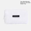 White corduroy makeup pouch with vertical texture and black logo label, 19x11x10cm size - White Pillow Bag