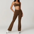 Conjunto de yoga marrón café para mujer con cintura cruzada en V y pantalones acampanados - S / Sujetador + Pantalones Acampanados / Café Claro
