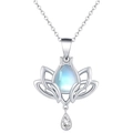 Elegant silver lotus pendant necklace with pear-shaped blue moonstone on white background - White Gold