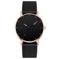 Detail of minimalist black quartz watch dial with rose gold case and metal mesh strap - Black Band Rose Gold Case Black Dial Rose Gold Indices